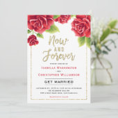 Red Roses & Gold Glitter Now and Forever Wedding Kaart (Staand voorkant)