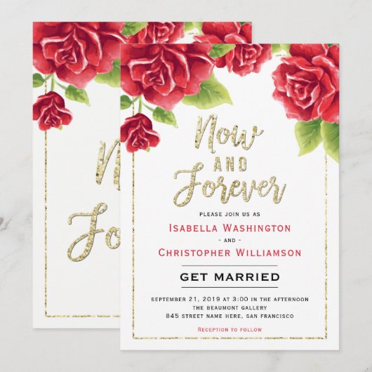 Red Roses & Gold Glitter Now and Forever Wedding Kaart (Voorkant / Achterkant)