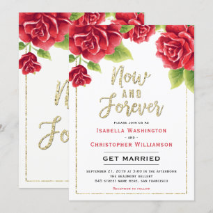 Red Roses & Gold Glitter Now and Forever Wedding Kaart