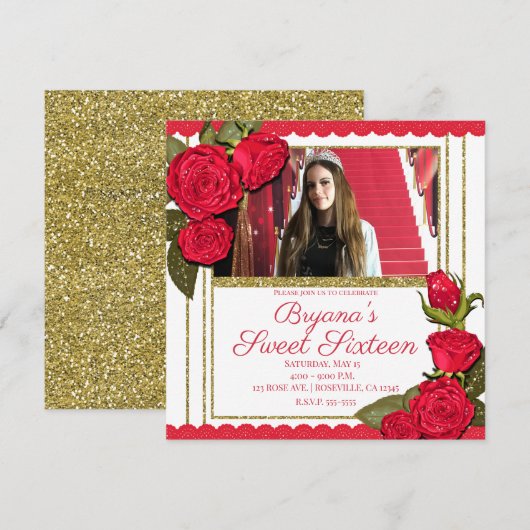 Red Roses Gold Glitter Sweet 16 Verjaardagsfeest Kaart (Voorkant / Achterkant)