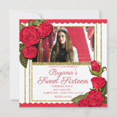 Red Roses Gold Glitter Sweet 16 Verjaardagsfeest Kaart (Voorkant)