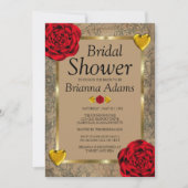 Red Roses & Gold Hearts Bridal Shower Invitations Kaart (Voorkant)