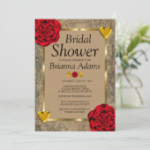 Red Roses & Gold Hearts Bridal Shower Invitations Kaart (Staand voorkant)