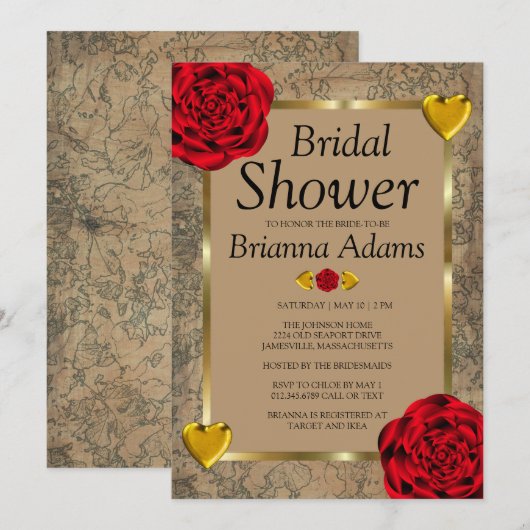 Red Roses & Gold Hearts Bridal Shower Invitations Kaart (Voorkant / Achterkant)