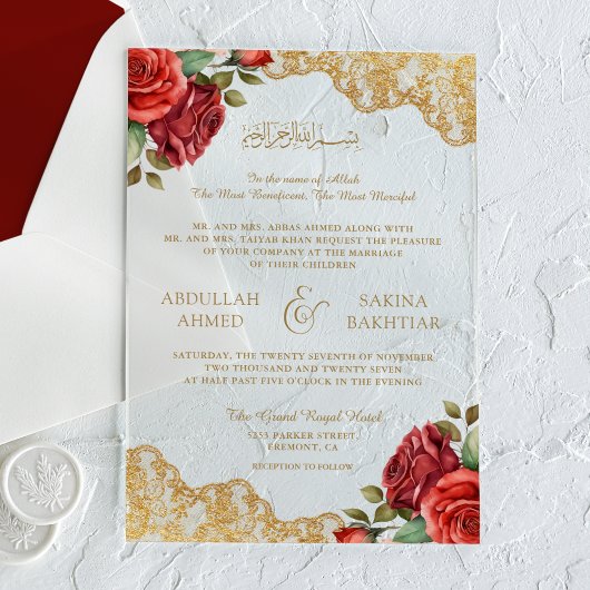 Red Roses Gold Lace Muslim Wedding Acryl Uitnodigingen