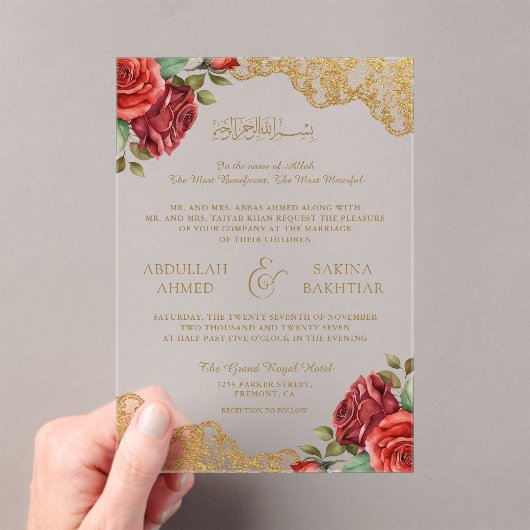 Red Roses Gold Lace Muslim Wedding Acryl Uitnodigingen (Insitu (Draagbaar))