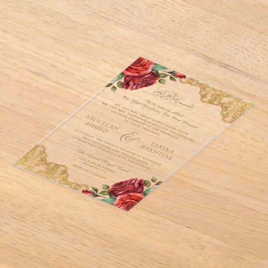 Red Roses Gold Lace Muslim Wedding Acryl Uitnodigingen (Laagn)