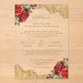 Red Roses Gold Lace Muslim Wedding Acryl Uitnodigingen (Voorkant)
