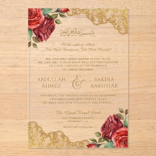 Red Roses Gold Lace Muslim Wedding Acryl Uitnodigingen (Voorkant)