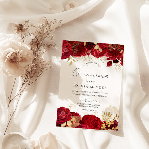 Red Roses Gold Leaf Quinceanera Party Kaart