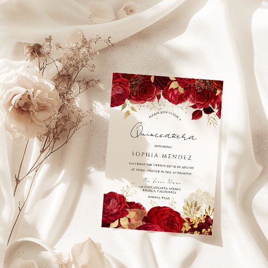 Red Roses Gold Leaf Quinceanera Party Kaart