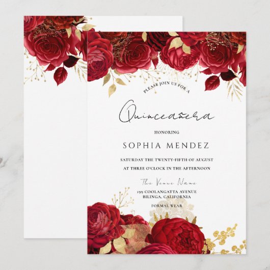 Red Roses Gold Leaf Quinceanera Party Uitnodiging (Voorkant / Achterkant)
