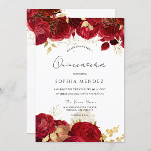 Red Roses Gold Leaf Quinceanera Party Uitnodiging