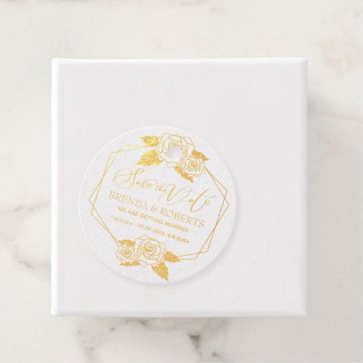 Red roses gold lijst Save-the-date typografie Bedankjes Labels (Met doos)