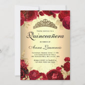Red Roses Gold Quinceanera Kaart (Voorkant)