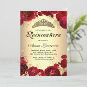 Red Roses Gold Quinceanera Kaart (Staand voorkant)