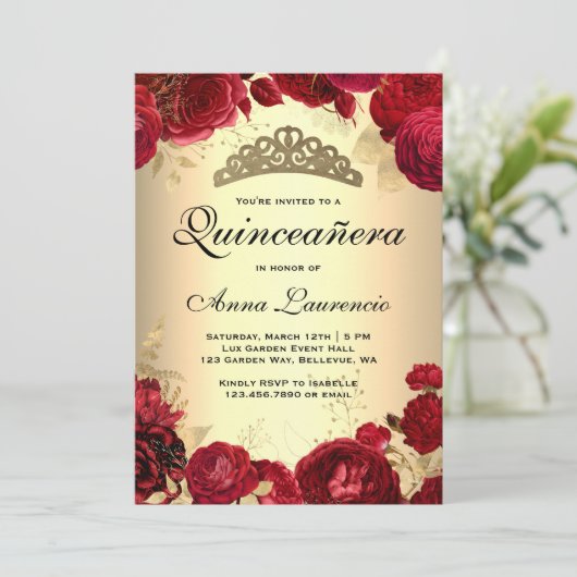 Red Roses Gold Quinceanera Kaart (Staand voorkant)