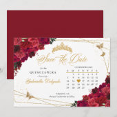 Red Roses & Gold Quinceañera Save The Date Kaart (Voorkant / Achterkant)