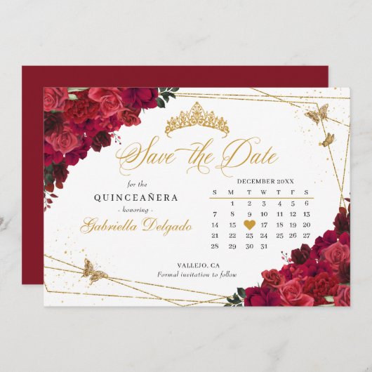 Red Roses & Gold Quinceañera Save The Date Kaart (Voorkant / Achterkant)