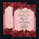 Red Roses Gold & Roze Sweet 16 16th Party Kaart<br><div class="desc">Birthday Party Invitations</div>
