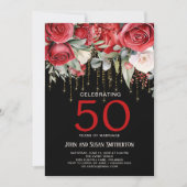 Red Roses Gold String Licht Zwart 50e Jubileum Kaart (Voorkant)