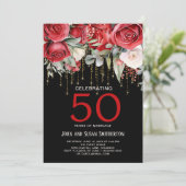Red Roses Gold String Licht Zwart 50e Jubileum Kaart (Staand voorkant)