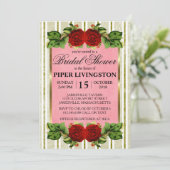 Red Roses Gold Stripes Bridal Shower Invitations Kaart (Staand voorkant)