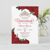 Red Roses & Gold Tiara Elegant Quinceañera Kaart (Staand voorkant)