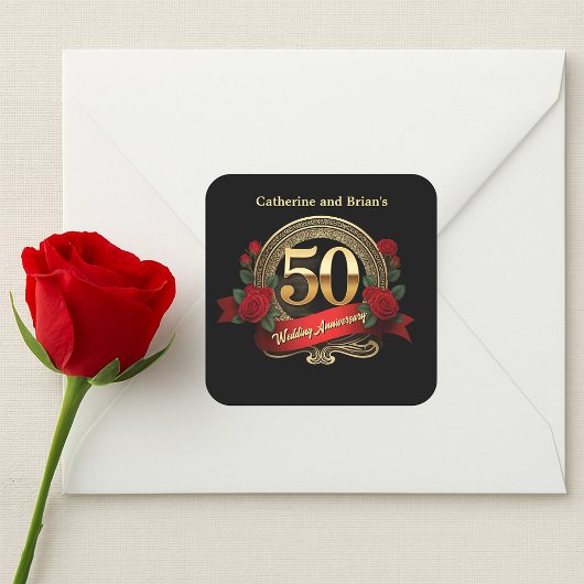 Red Roses Golden 50ste bruiloft Jubileum Vierkante Sticker