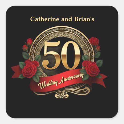 Red Roses Golden 50ste bruiloft Jubileum Vierkante Sticker (Voorkant)