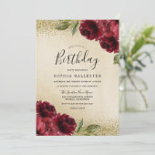 Red Roses Golden Glitter Birthday Party Kaart (Staand voorkant)