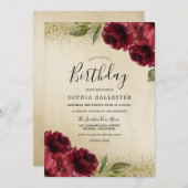 Red Roses Golden Glitter Birthday Party Kaart (Voorkant / Achterkant)