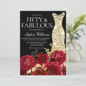Red Roses Golden Gown Black 50th Birthday Party Kaart (Staand voorkant)