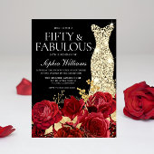 Red Roses Golden Gown Black 50th Birthday Party Kaart