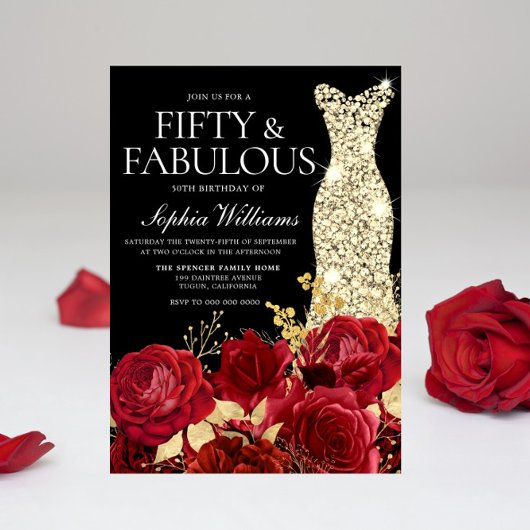 Red Roses Golden Gown Black 50th Birthday Party Kaart
