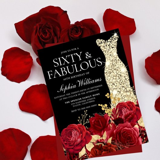 Red Roses Golden Gown Black 60th Birthday Party Kaart