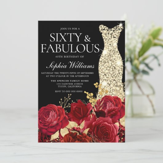 Red Roses Golden Gown Black 60th Birthday Party Kaart (Staand voorkant)