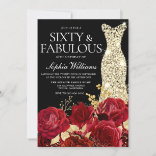Red Roses Golden Gown Black 60th Birthday Party Kaart