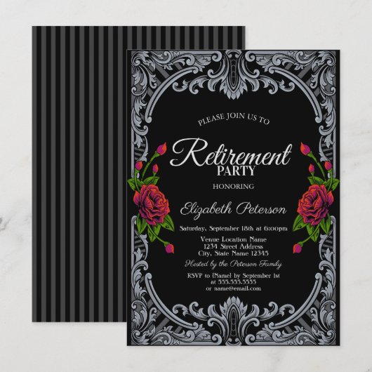 Red Roses Gothic Black Stripes Retirement Party Kaart (Voorkant / Achterkant)