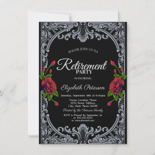 Red Roses Gothic Black Stripes Retirement Party Kaart