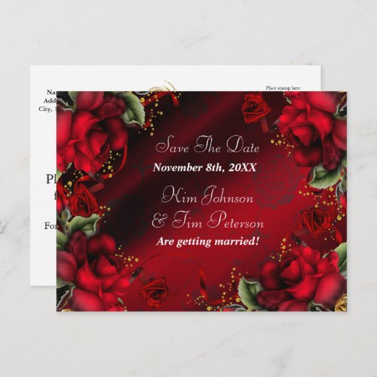 Red Roses Gothic Wedding Briefkaart Bewaar de datu (Voorkant / Achterkant)