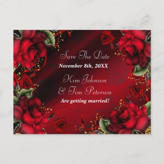Red Roses Gothic Wedding Briefkaart Bewaar de datu (Voorkant)