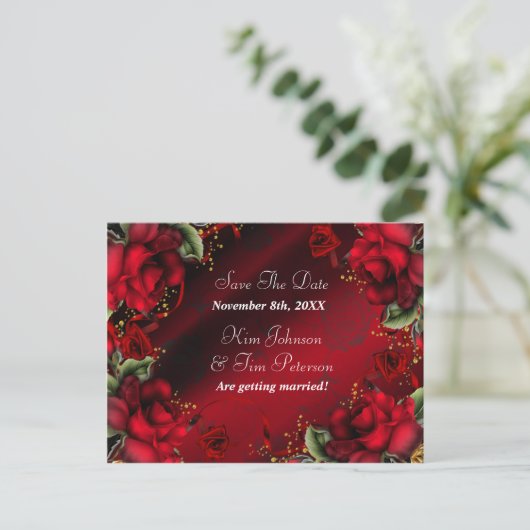 Red Roses Gothic Wedding Briefkaart Bewaar de datu (Staand voorkant)