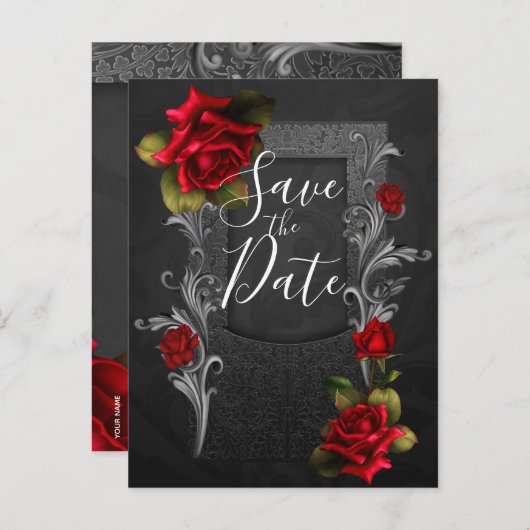 Red Roses Gothic Wedding Save the Date Aankondigingskaart (Voorkant / Achterkant)
