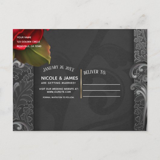 Red Roses  Gothic Wedding Save the Date Aankondigingskaart (Achterkant)