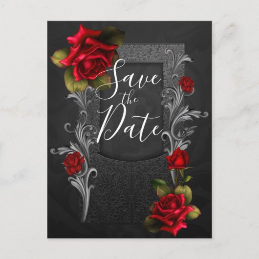 Red Roses  Gothic Wedding Save the Date Aankondigingskaart (Voorkant)