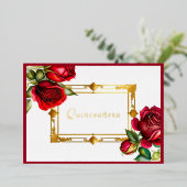 Red Roses Goud Lijst Quinceañera Folie Uitnodiging (Staand Voorkant)