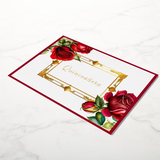 Red Roses Goud Lijst Quinceañera Folie Uitnodiging (Gedraaid)