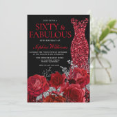 Red Roses & Gown Black 60th Birthday Party Kaart (Staand voorkant)
