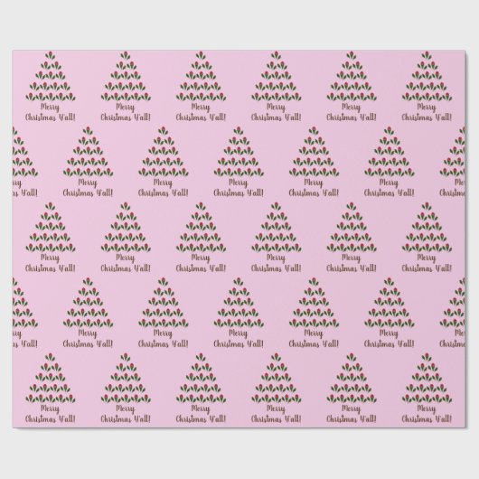 Red Roses Green Holly Christmas Tree & Wish, roze Cadeaupapier (Vlak)